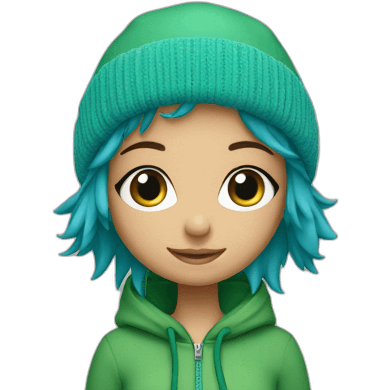 blue haired green eyed girl wearing bobble hat and green zip hoodie emoji