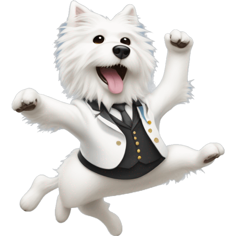 White furry dog jumping over band director  emoji