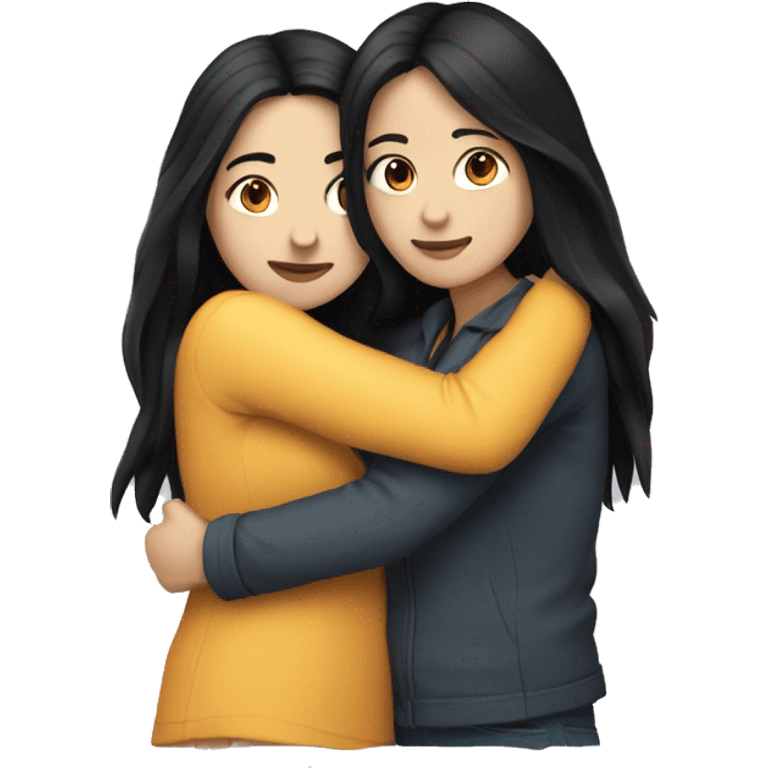 A lesbian couple with white skin and long black hair hugging intimately emoji