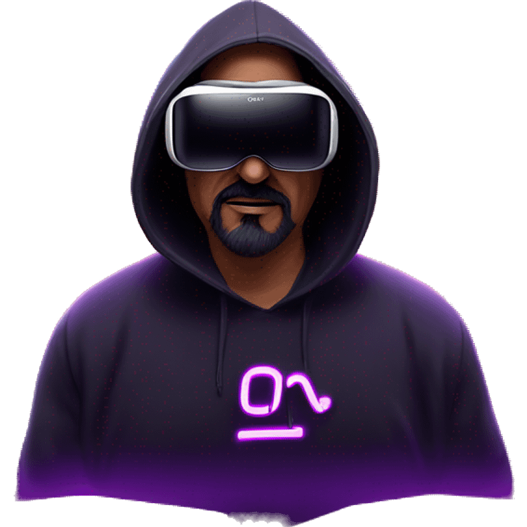 Big Lebowski wearing a black hoodie with "OMG" letters on it and VR headset oculus quest 2 in a cyberpunk VR environment with violet neon lighting. emoji