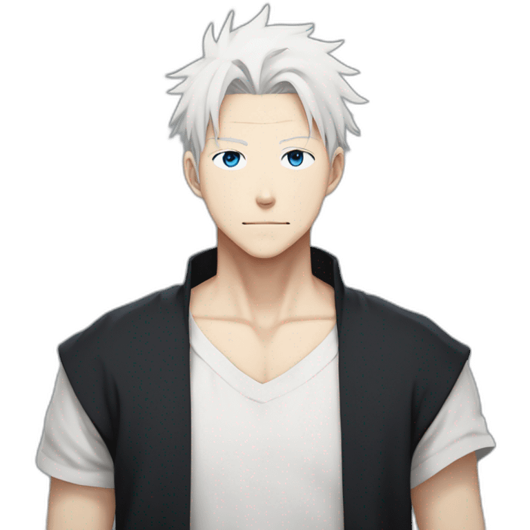 gojo satoru from jujutsu kaisen with white hair, blue eyes, who wear a black tshirt and a white baggy pant emoji