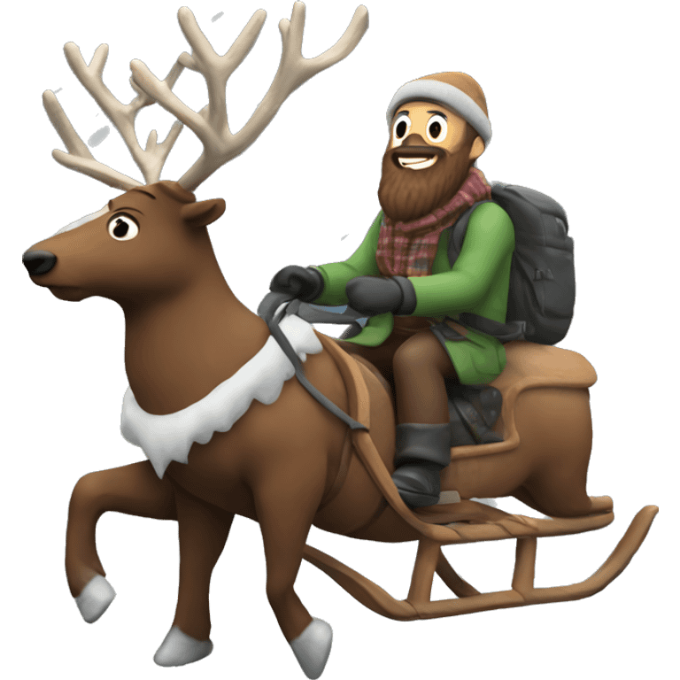 bearded man outdoors in a snowstorm riding a flying reindeer emoji