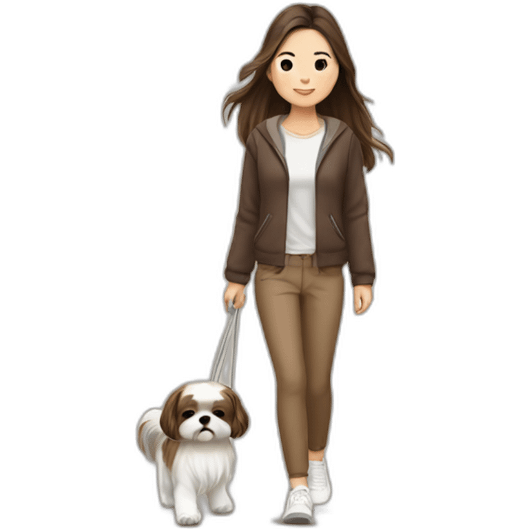 a asian girl with long brown hair walking with a white and brown shih tzu emoji