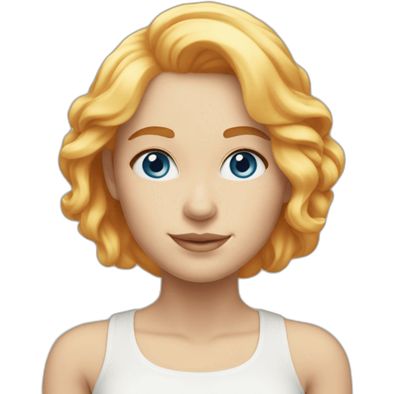 women blue eyes, shoulder-length blond-orange hair, white skin and slight smile emoji