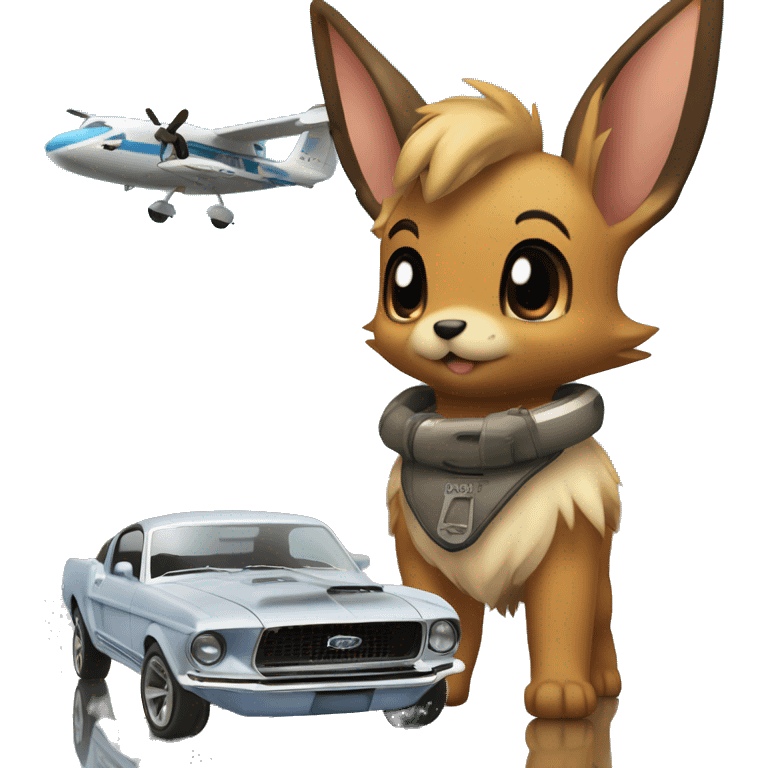 Eevee standing next to a ford mustang 67 in the background there is the Earth with a small Airplane   emoji