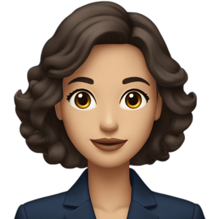 Beautiful woman with long dark brown hair, big almond shape brown eyes wirh long eyelashes, pretty smile with medium full lips, defined jawline, medium size nose, wearing a navy power suit  emoji