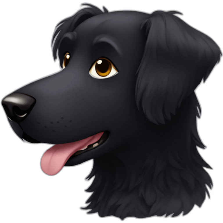 Sitting Hairy Black dog with white circle with more hair in face and brown eyes emoji