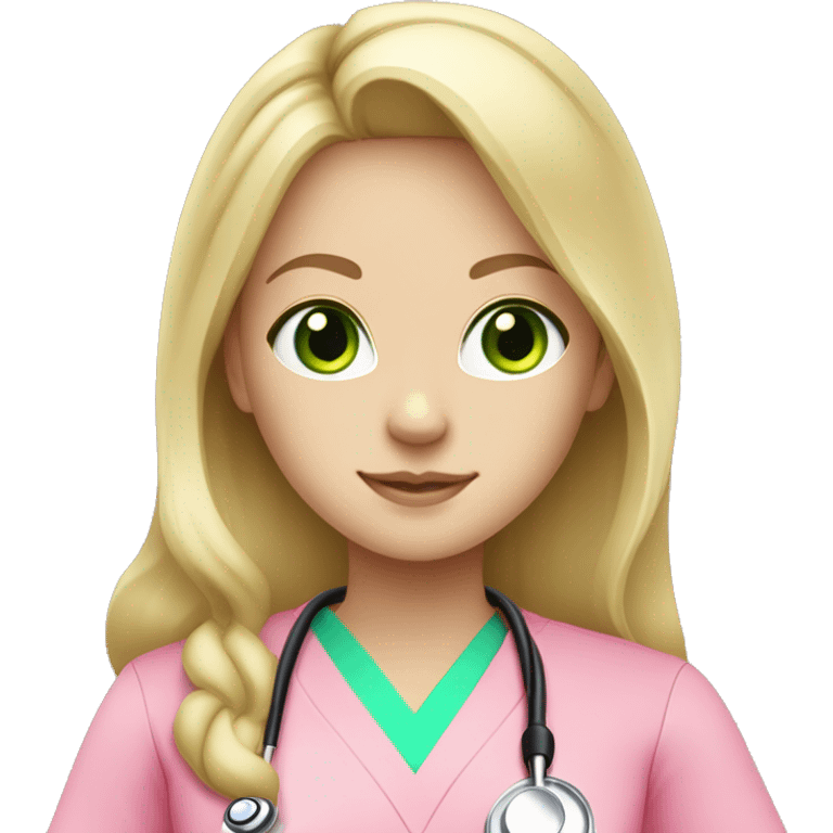 pale blonde girl with long hair and green eyes wearing pink scrubs and stethoscope  emoji