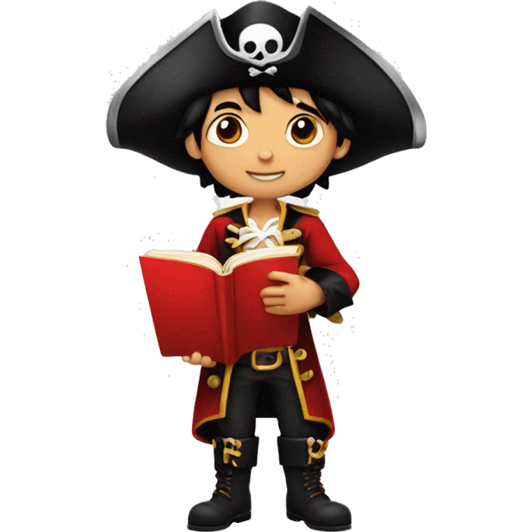 A boy, 12 years old, black hair, shiny eyes, a red pirate costume, a pirate hat with an image of crossbones and a skull, stands reading a red book emoji