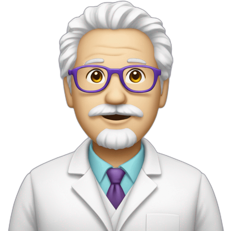 scientist with white coat (white beard, white mustache, white einstein hair, purple circle glasses) emoji