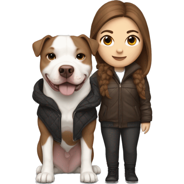 white woman with long brown hair in a furry jacket standing alongside a white pitbull with one brown patch around his eye emoji