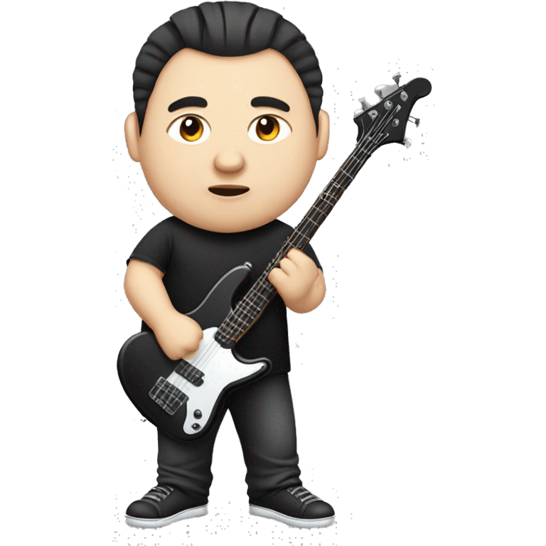 chubby chinese guy with fair skin, man bun, black shirt and bass guitar caricature emoji