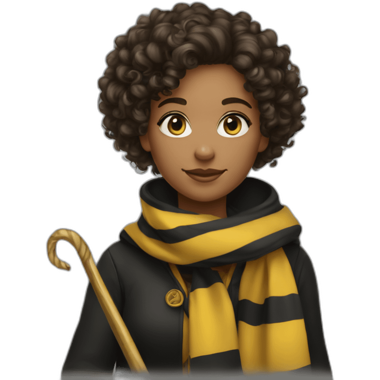 Curly hair girl in hufflepuff with scarf and wand emoji