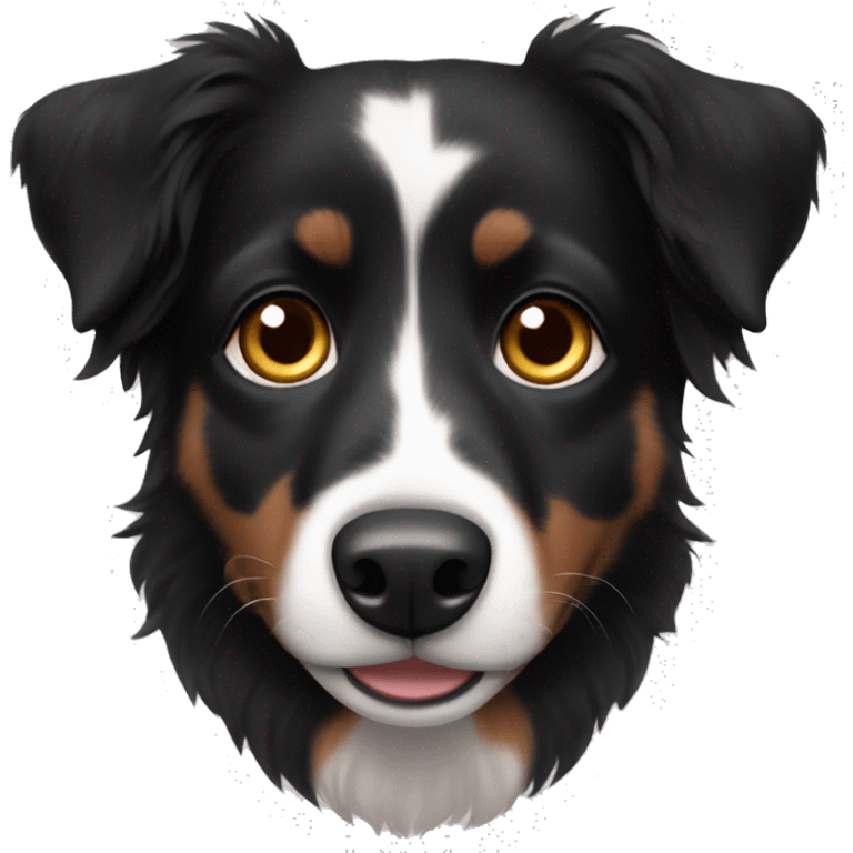 Small black australian shepherd dog with dark brown eyes and black face emoji