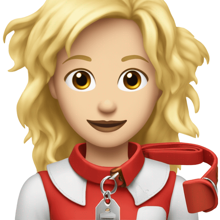 Put a Red leather dog collar and golden tag on a blond white human female with medium length hair and add a red leash connected to the collar emoji