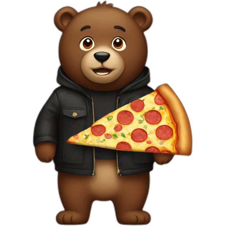 a brown bear with a black jacket and a big pizza emoji