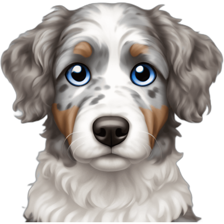 A model dog with one blue eye and one half brown and blue of breed blue Merle Aussiedoodle emoji