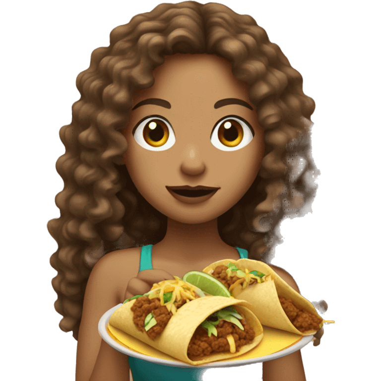 Light skin girl with long brown curly hair eating a taco emoji