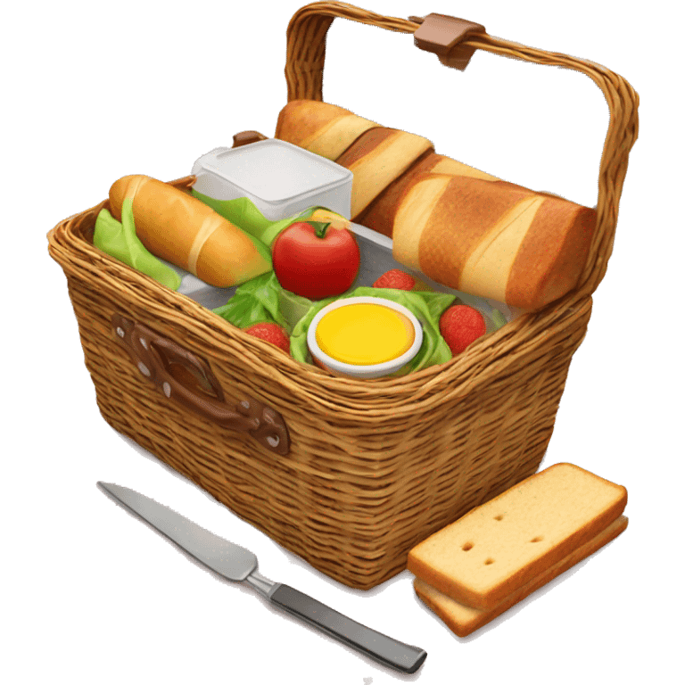 Realistic picnic lunch basket with lid open and food and dishes inside  emoji