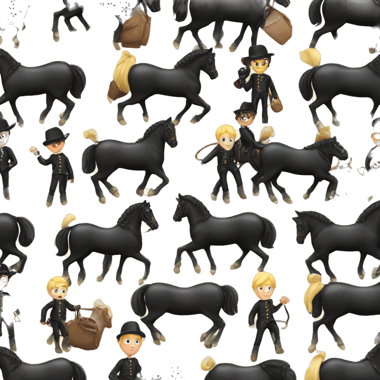 Blonde boy riding black dressage horse with black mane and tail emoji