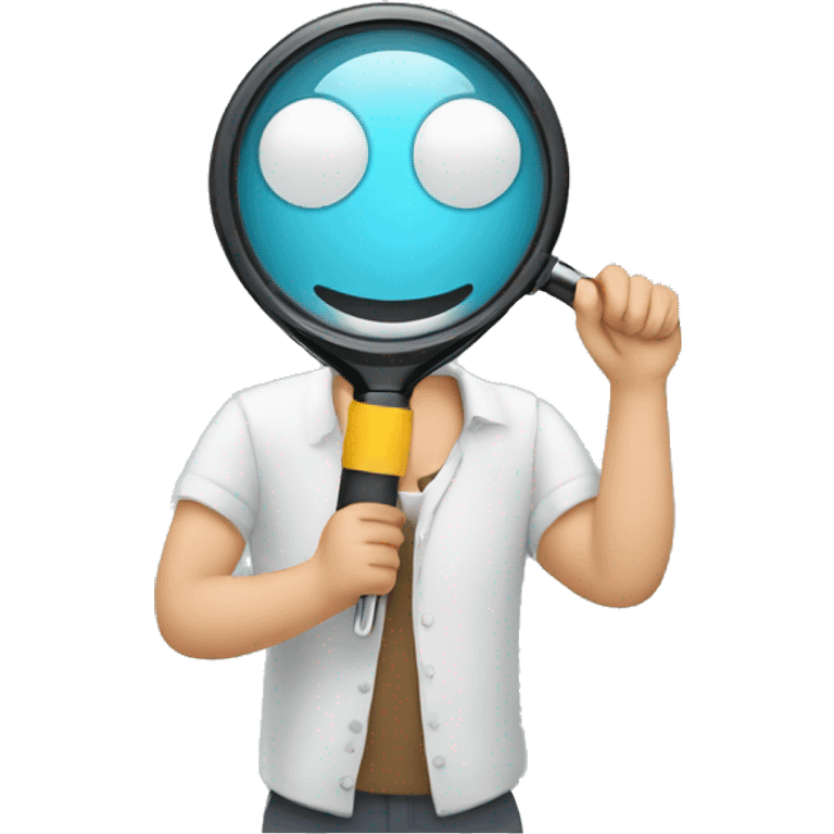 man holding one magnifying glass to read a screen monitor emoji