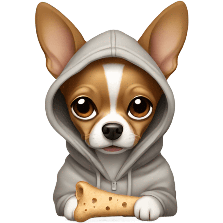 Brown chihuahua wearing a hoodie holding a dog bone emoji