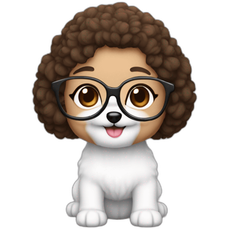 woman-white skin-brown hair-black-with glasses bichon dog-white-smile-christmas emoji