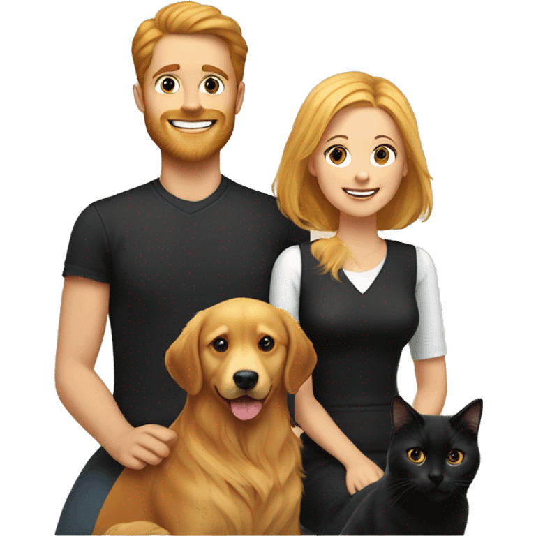 Family portrait with a smiling blonde woman,  red-haired man,  golden retriever sitting beside them, and  black cat sitting in front. emoji