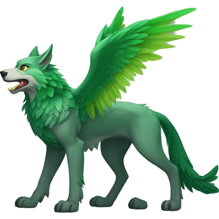 Full-body green gryphon-inspired wolf with a beak for its mouth and wings emoji