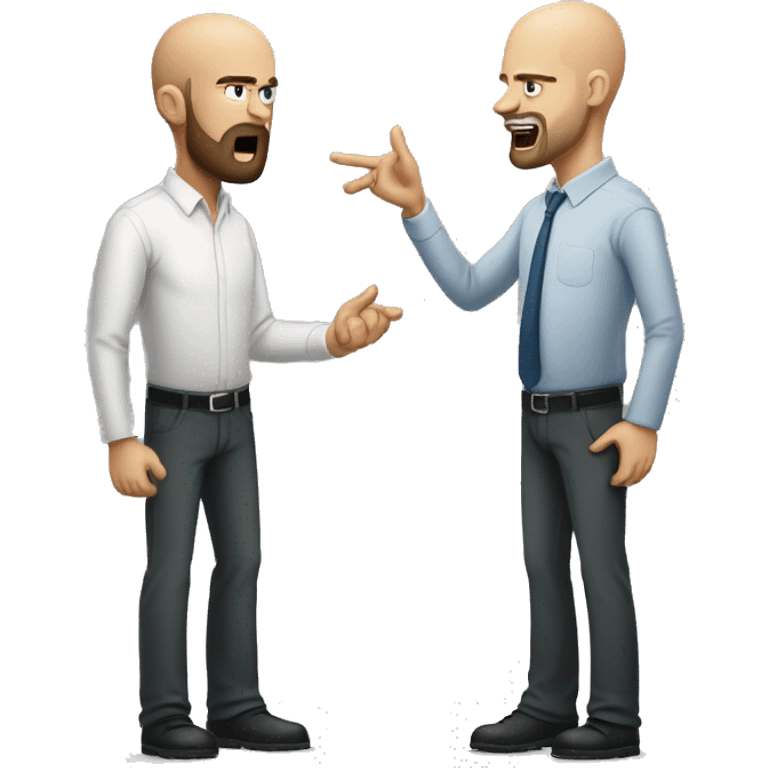 tall bald thin software engineer while arguing with his smaller boss with beard emoji