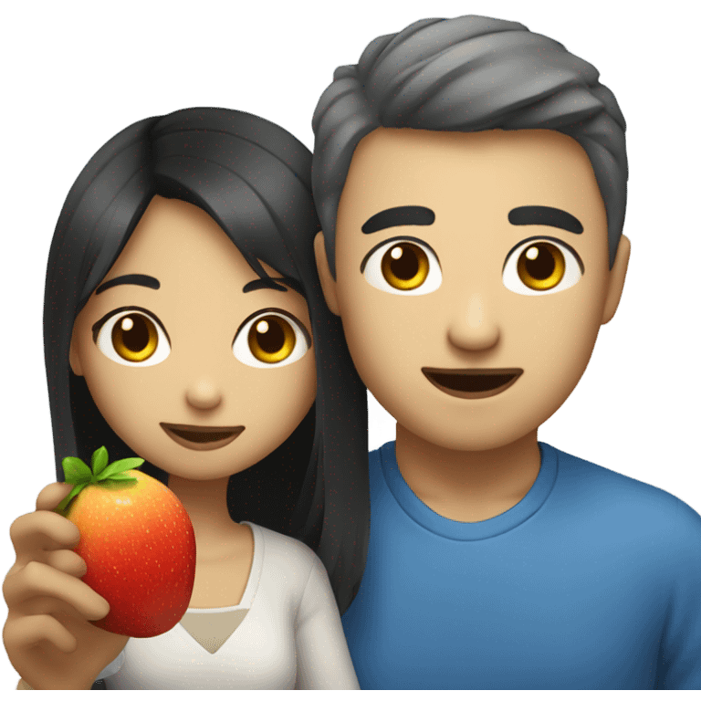 Asian girl giving fruits to white man with blue eyes emoji