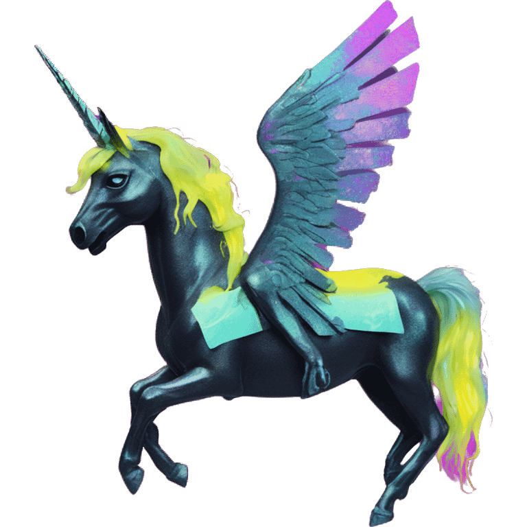 .Zombie_ Vaporwave black holographic oilslick zombie unicorn yellow caution tape graffiti Pegasus emoji