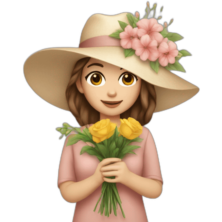 white skin, Girl with a hat, brown hair straight to the shoulders, holding a bouquet of flowers emoji