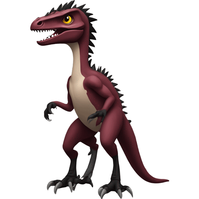 Cool edgy handsome Maroon-colored velociraptor with black spiky mane full body emoji