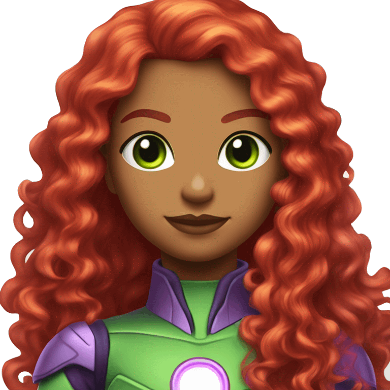 dc comics starfire glowing green eyes red curly long hair, purple and silver spacesuit with no helmet no green  emoji