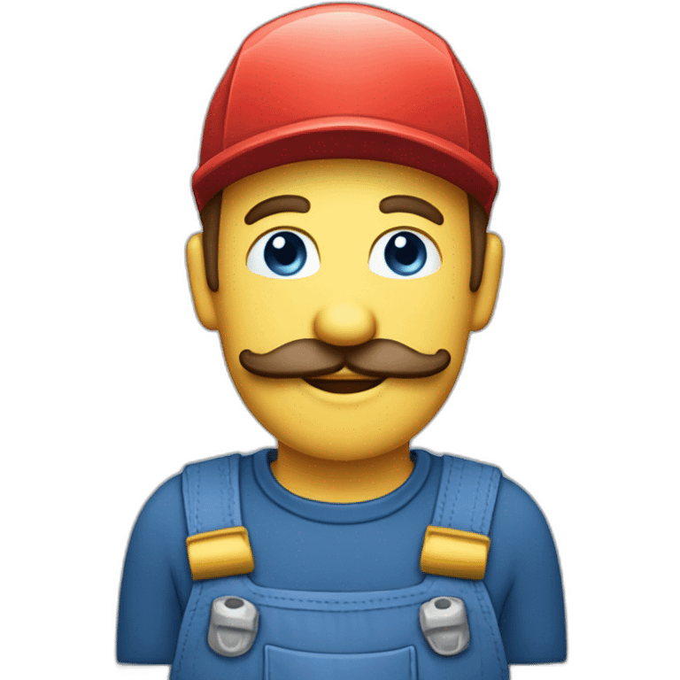 plumber with a red hat, a red shirt, blue overalls with yellow buttons, a brown mustache & blue eyes emoji