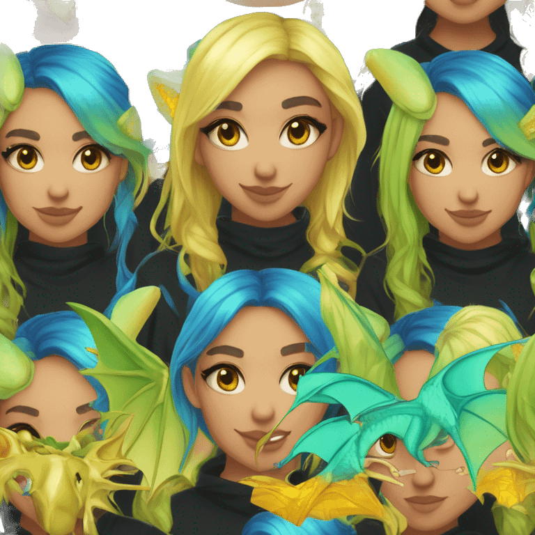 Lady with brunette and iridescent blue hair, gold, lime green dragon wings, black hoodie, bleach dyed, black and gold Nike t shirt, and bright red eyes emoji