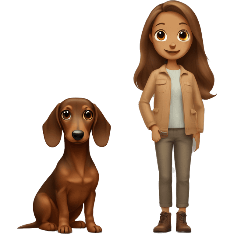 2 brown dachshunds with a girl with brown hair  emoji