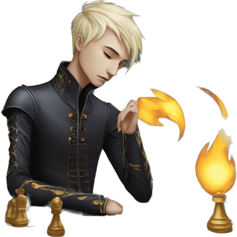 Hamlet young skinny sad man iridescent hair wearing raven feathers with golden flames yin yang chess board emoji