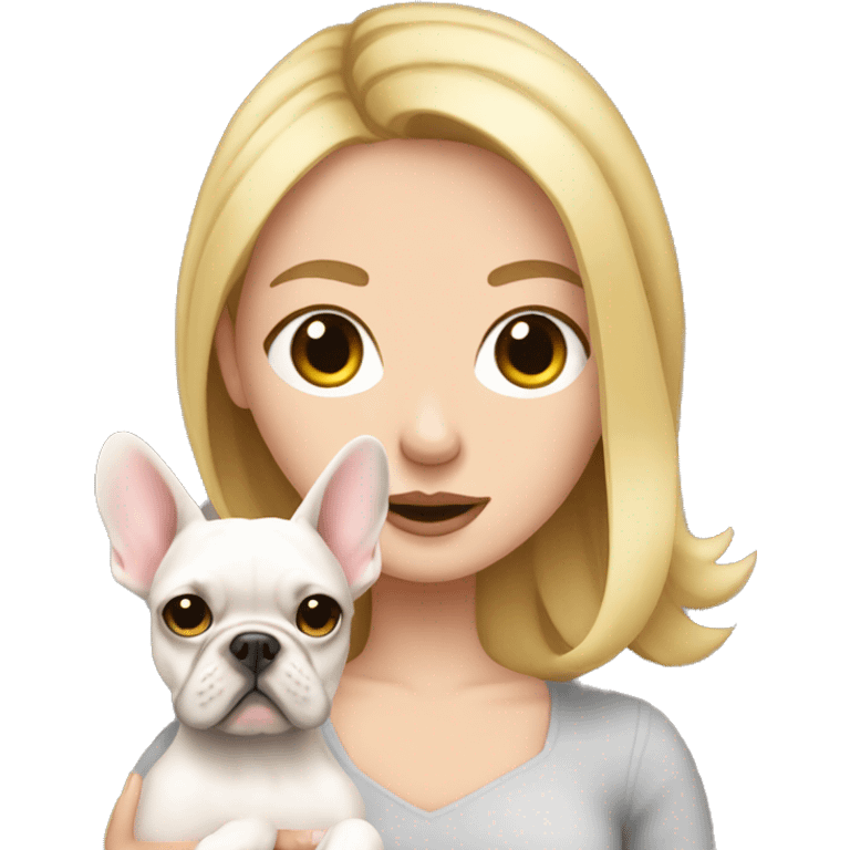 Blonde white girl holding frenchie with big ears emoji