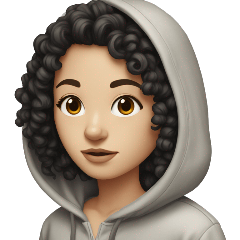 white girl with black curly hair and brown eyes in hoodie emoji