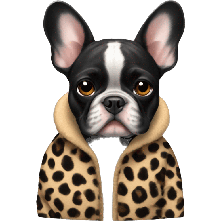 All black French bulldog wearing a cheetah coat emoji