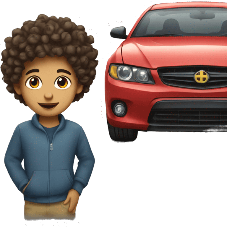 Hispanic kid with curly hair next to a car emoji