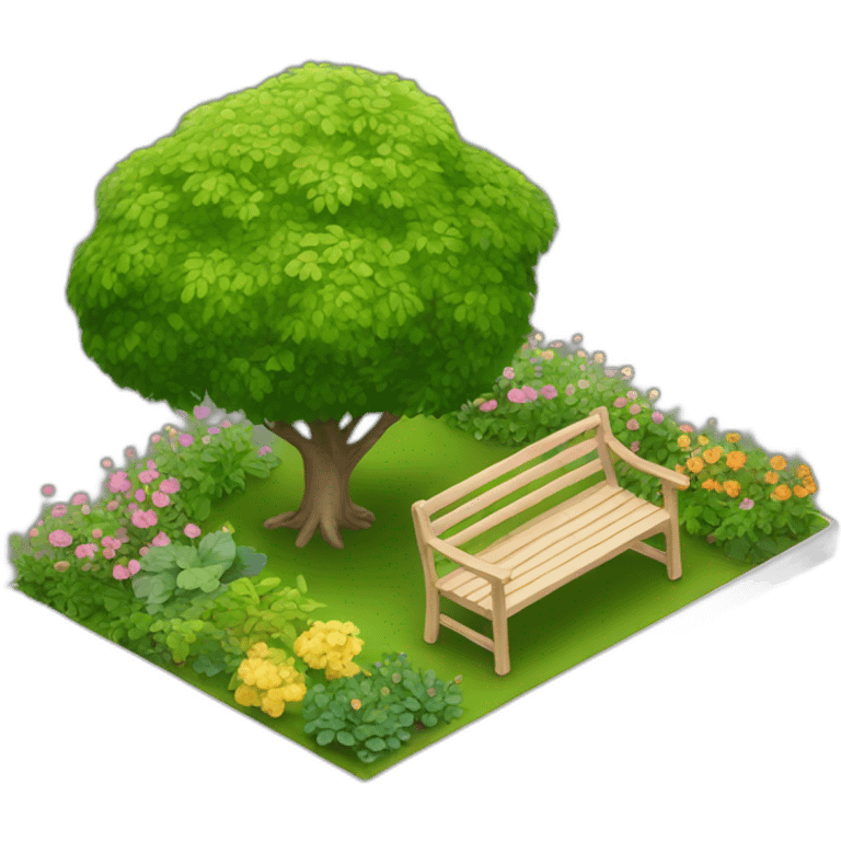 garden with lots of plants and a bench emoji