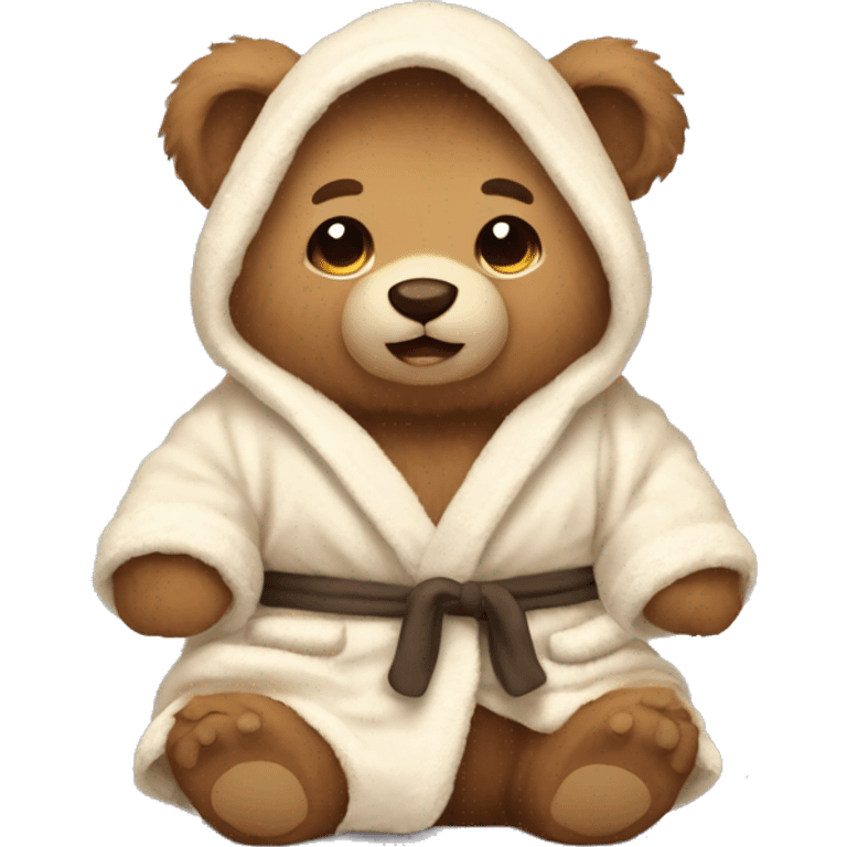 Light Brown fluffy stuffed bear sitting wearing a cream bathrobe with bunny ears on it emoji