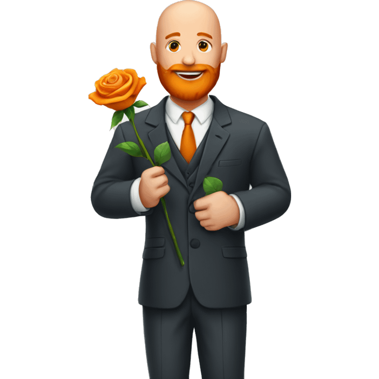 Bald man with a big orange beard wearing a suit and holding a rose emoji