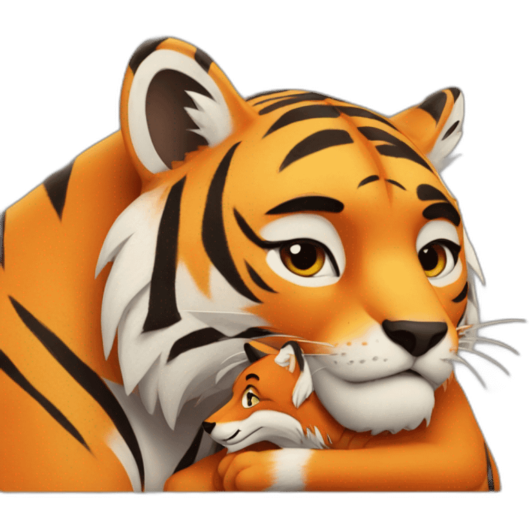 Tiger hugs a fox emoji