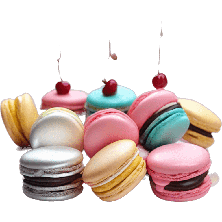 Realistic row of pastel macarons drizzled in metallic silver drip and pink cherries placed on top of the drip and cookies. emoji