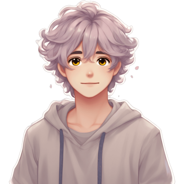 Gorgeous romantic hot attractive anime style modern anime shojo guy with pretty medium-long messy hair and colorful eyes and blushing face aesthetic trending style  pastelcore cottagecore kawaiicore emoji