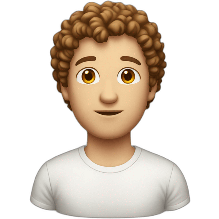 white man with really short brown curly hair wearing dorky tshirt emoji